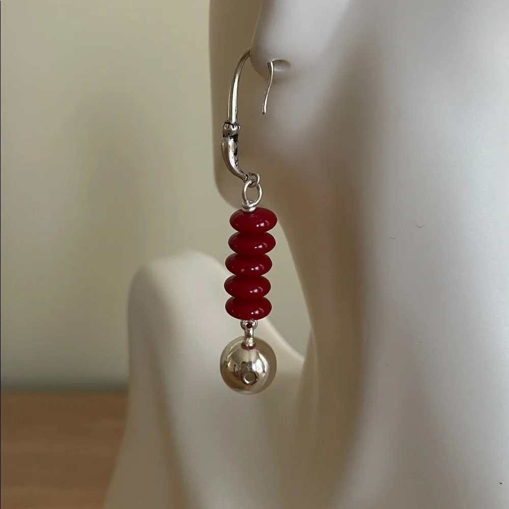 HAND CRAFTED RED & SILVER BALL DROP DANGLE EARRINGS Modern Minimalist Statement